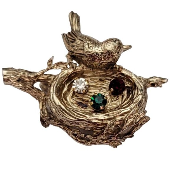 Anson Sterling Gold Vermeil Gemstone Eggs In Nest Bird Pin, Signed E748 - Picture 9 of 9